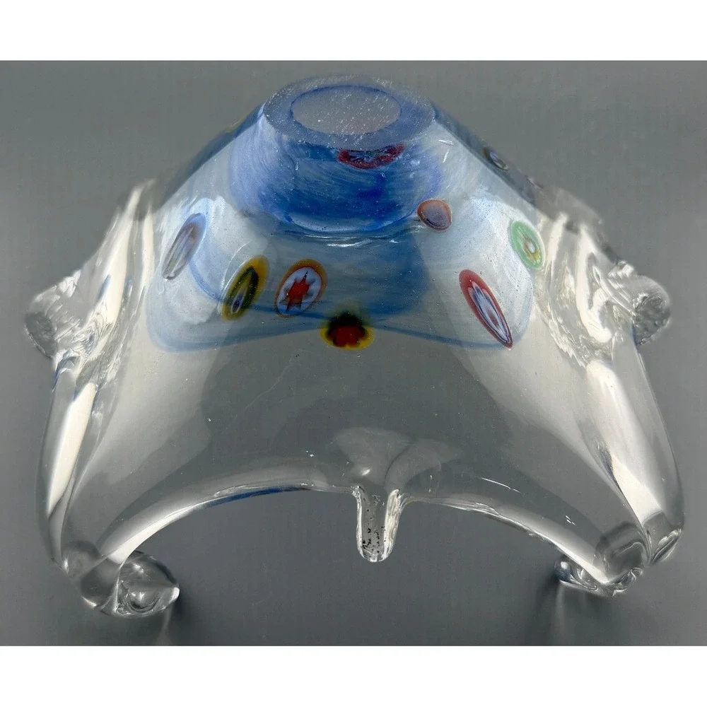 Vintage Murano Style Millefiori Art Glass Bowl Blue Hand Blown Italian 7
